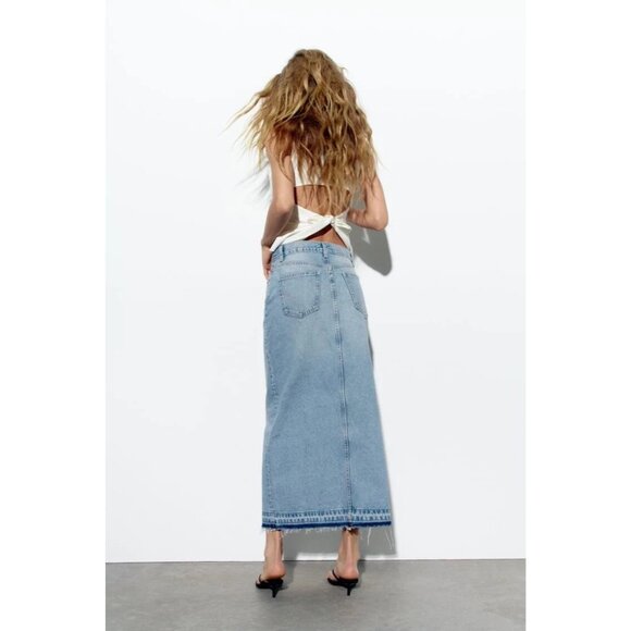 Zara Womens Long Denim Maxi Skirt Small Midi Waist Blue Front Slit 3660/090 NWT - Picture 3 of 15
